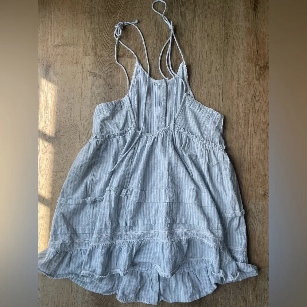 Free People desert Blue Striped Ruffle Mini Dress Cotton Summer beach M